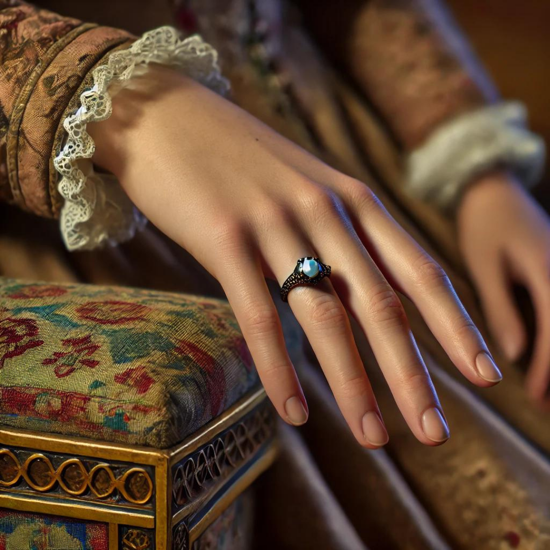 Hand mit einem filigranen Ring, der einen Opal enthält, in einem historischen Renaissance-Gewand mit Spitzenmanschette, neben einer reich verzierten Truhe (KI).