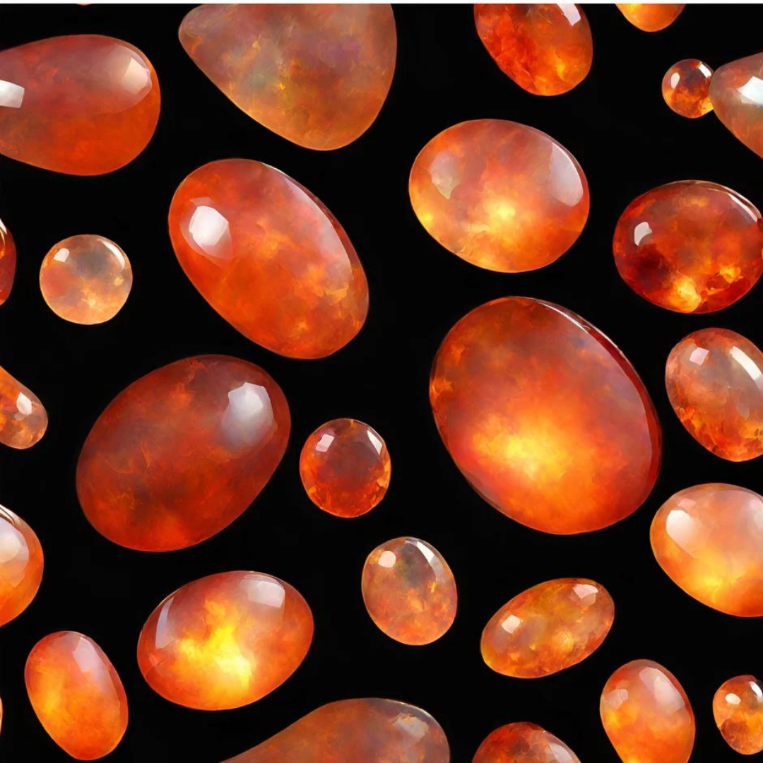Mehrere mexikanische Feueropale in verschiedenen Größen und Formen, leuchtend orange und rot mit einem intensiven, feurigen Schimmer, auf schwarzem Hintergrund