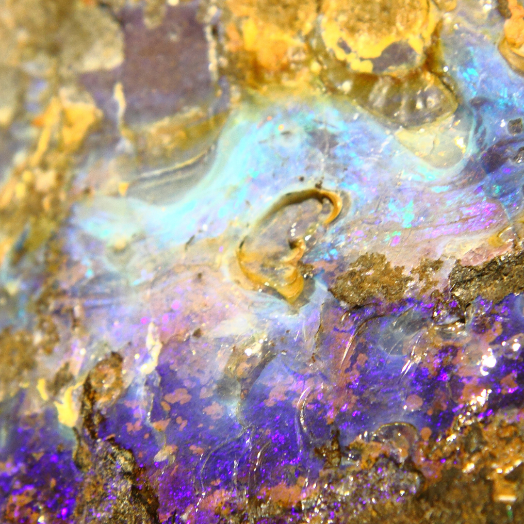 Nahaufnahme eines ungeschliffenen Rohopals mit intensiven blauen und violetten Schattierungen, durchsetzt mit natürlichen Erd- und Gesteinsfragmenten.
