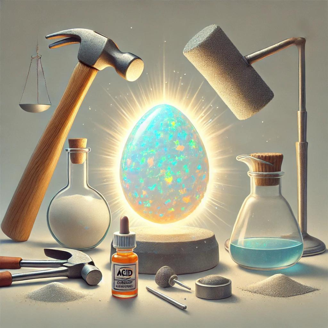 Symbolische Darstellung eines strahlenden Opals umgeben von Werkzeugen und Chemikalien, die die Widerstandsfähigkeit und Mohshärte des Opals (5,5 bis 6,5) visualisieren. (KI)