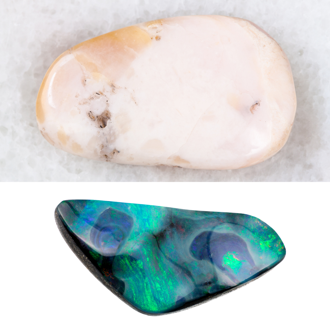 Zwei Ober-Opalarten: Oben gemeiner Opal (weißlich-beige, matt), unten Edelopal (blau-grün, schimmernd)
