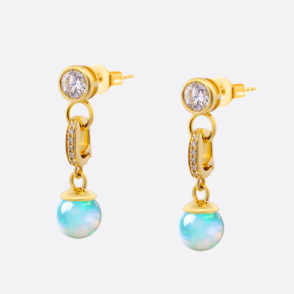 Genuine opal ball with 4mm diamonds in 18K gold – Solaris earrings